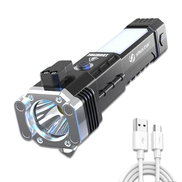 Torch Light, LED 3W Rechargeable Flashlight with Long Distance Beam, Car Rescue Tool, Built - in Hammer, Portable - CARTitCARTitCARTit