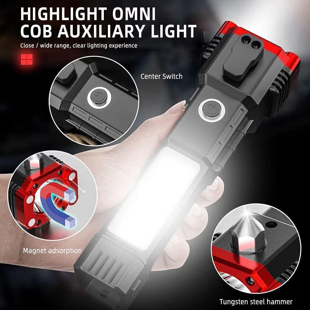 Torch Light, LED 3W Rechargeable Flashlight with Long Distance Beam, Car Rescue Tool, Built - in Hammer, Portable - CARTitCARTitCARTit