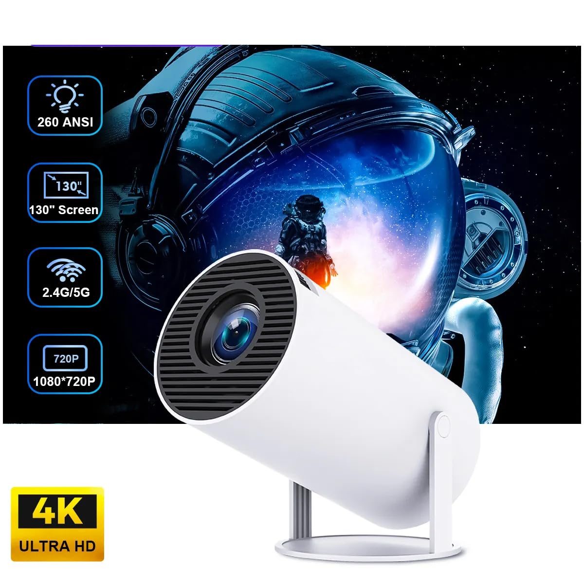 Mini Projector with WiFi 6 & Bluetooth | 4K 1080P Support | Built - in Apps | 180° Rotatable | Auto Keystone Correction | Portable LED Video Projector (White) - CARTitCARTitCARTit
