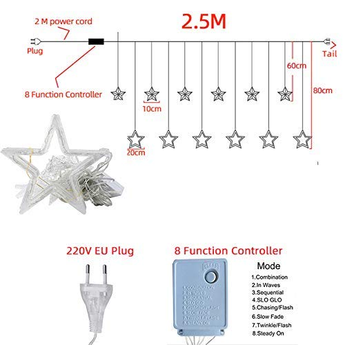 12 Stars 138 Led Curtain String Lights Window Curtain Lights with 8 Flashing Modes Decoration for Christmas, Wedding, Party, Home, Patio Lawn Warm White (138 Led - Star, Copper, Pack of 1) - CARTitCARTitCARTit