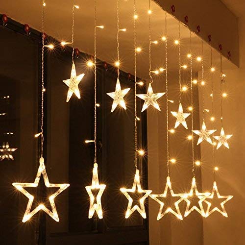 12 Stars 138 Led Curtain String Lights Window Curtain Lights with 8 Flashing Modes Decoration for Christmas, Wedding, Party, Home, Patio Lawn Warm White (138 Led - Star, Copper, Pack of 1) - CARTitCARTitCARTit