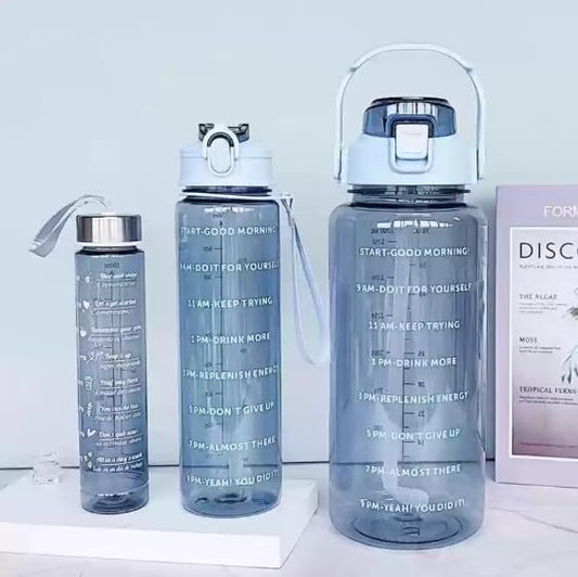 Set of 3 Transparent Water Bottles (2000ml, 900ml, 300ml) – BPA - Free with Motivational Time Marker | Leak - Proof & Break - Proof Sipper Bottles for Gym, Office, School & Travel - CARTitCARTitCARTit