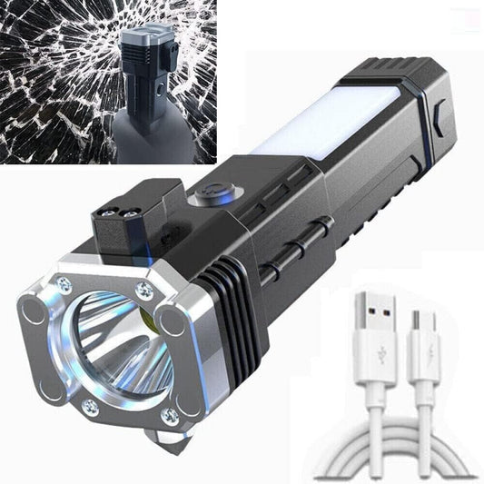 Torch Light, LED 3W Rechargeable Flashlight with Long Distance Beam, Car Rescue Tool, Built - in Hammer, Portable - CARTitCARTitCARTit