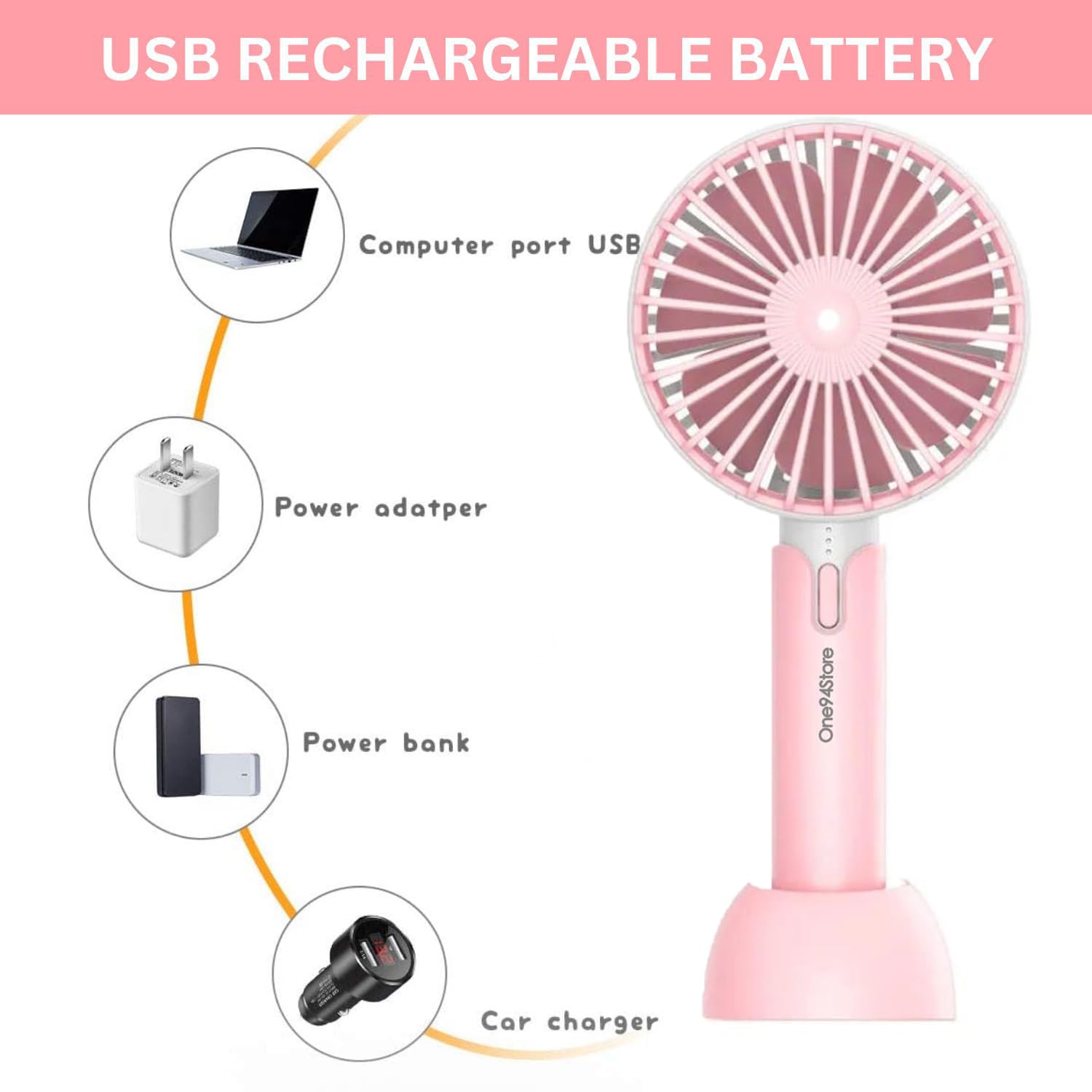 Portable USB Fan – Rechargeable Mini Fan with 3 Speed Modes, 1200mAh Battery – Compact & Lightweight Desk Fan for Travel, Home, Office (Pink) - CARTitCARTitCARTit