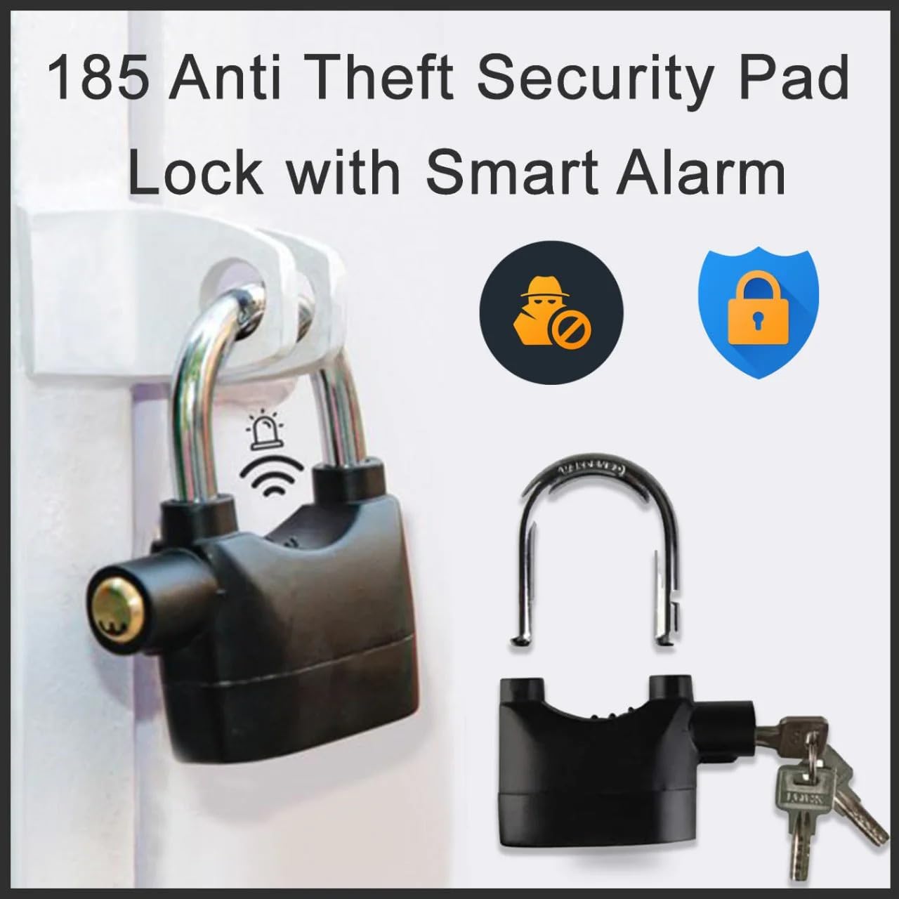 Alarm Security Lock with Motion Sensor Siren & 3 Keys | Anti - Theft Metal Safety Lock for Home, Office, Door, Bike (Black) - CARTitCARTitCARTit
