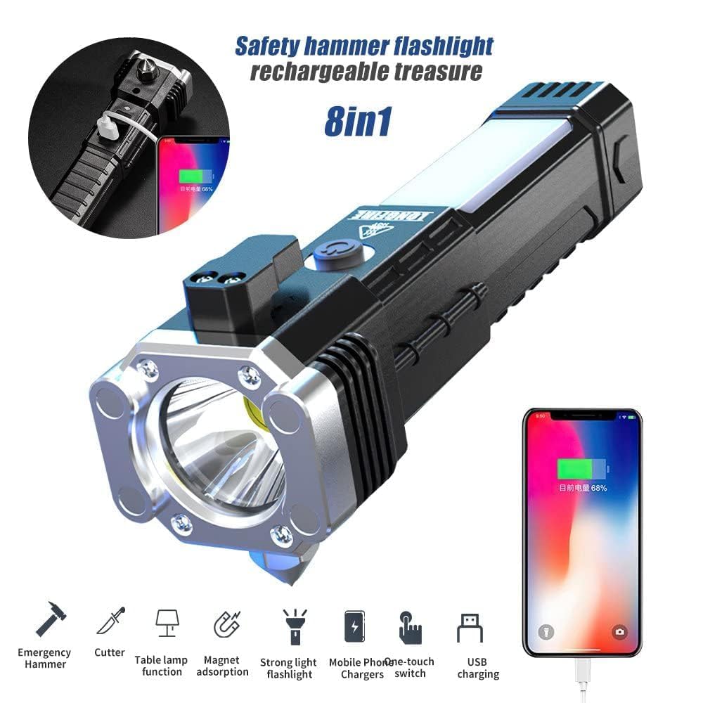 Torch Light, LED 3W Rechargeable Flashlight with Long Distance Beam, Car Rescue Tool, Built - in Hammer, Portable - CARTitCARTitCARTit