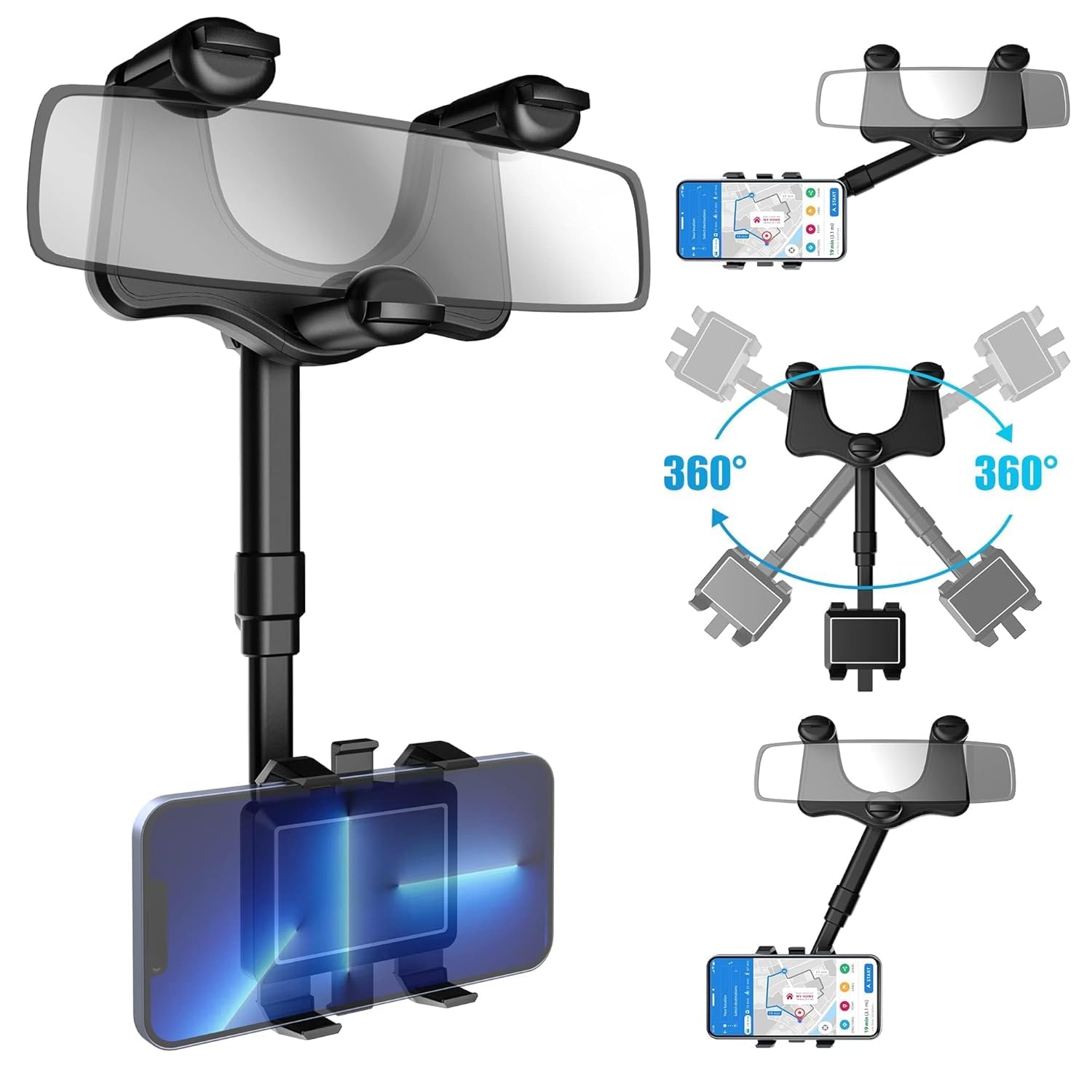 360 Rotatable and Retractable Car Phone Holder Multifunctional Car Rearview Mirror Phone Holder, 360 Degree Rotatable Rear View Mirror Phone Mount, for All Mobile Phones - CARTitCARTitCARTit