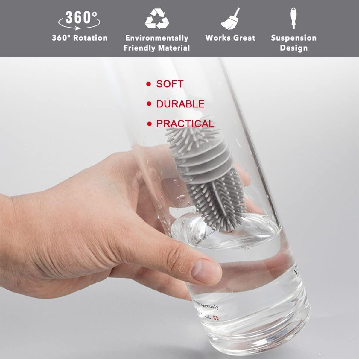 Long Handle Silicone Bottle Cleaning Brush – Flexible Bottle Scrubber for Water Bottles, Mugs, Solution Bottles – Non - Scratch, Durable & Easy to Clean (Grey, Pack of 1) - CARTitCARTitCARTit