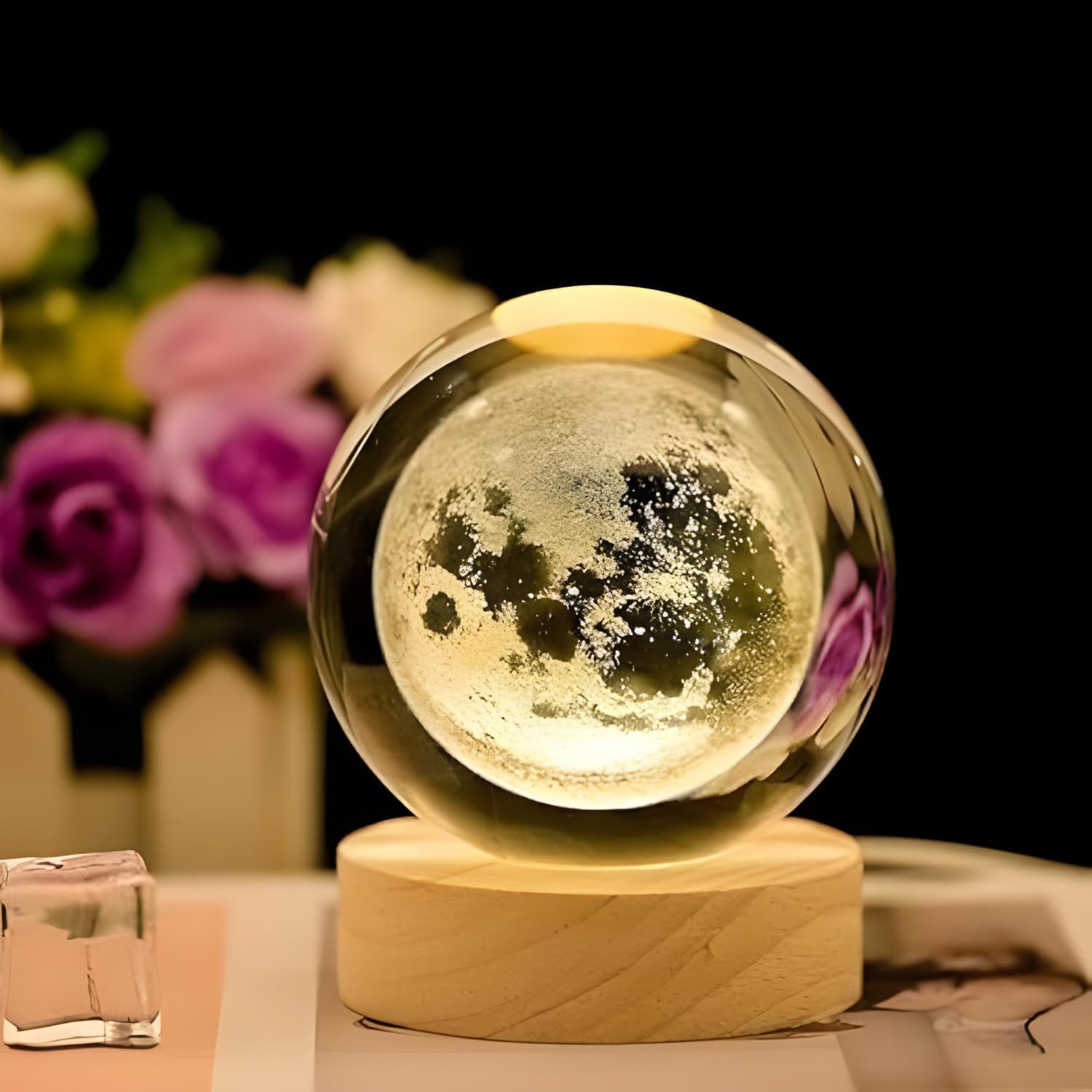 Moon Crystal Ball Night Light,2.4 Inch Glass Ball Night LED Lamp with Woodern Base,Decorations Gifts for Men,Women,Kids,Boys,Girls | Gifts for Woman | Valentine Gifts - CARTitCARTitCARTit