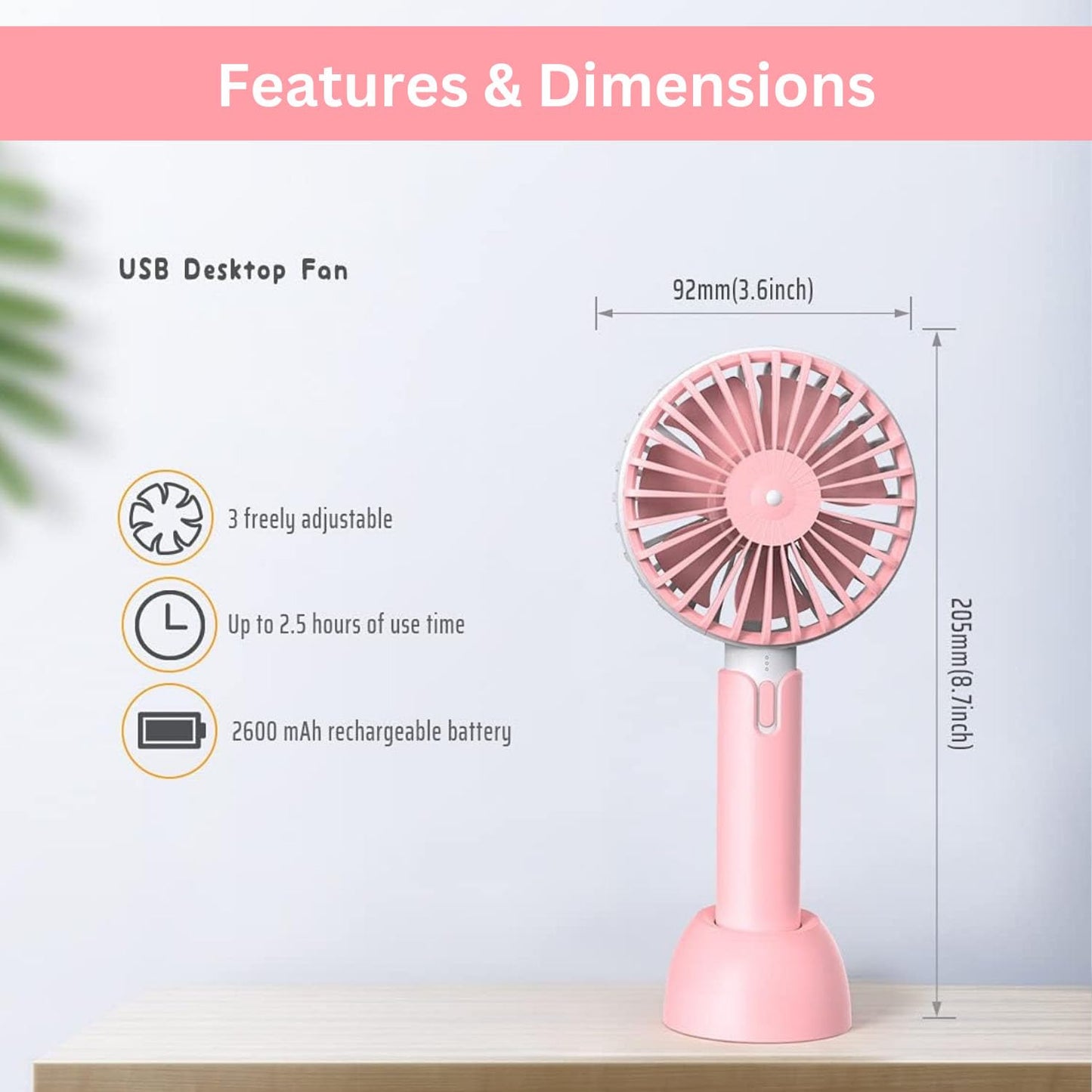 Portable USB Fan – Rechargeable Mini Fan with 3 Speed Modes, 1200mAh Battery – Compact & Lightweight Desk Fan for Travel, Home, Office (Pink) - CARTitCARTitCARTit