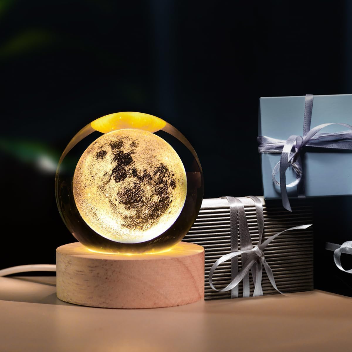 Moon Crystal Ball Night Light,2.4 Inch Glass Ball Night LED Lamp with Woodern Base,Decorations Gifts for Men,Women,Kids,Boys,Girls | Gifts for Woman | Valentine Gifts - CARTitCARTitCARTit