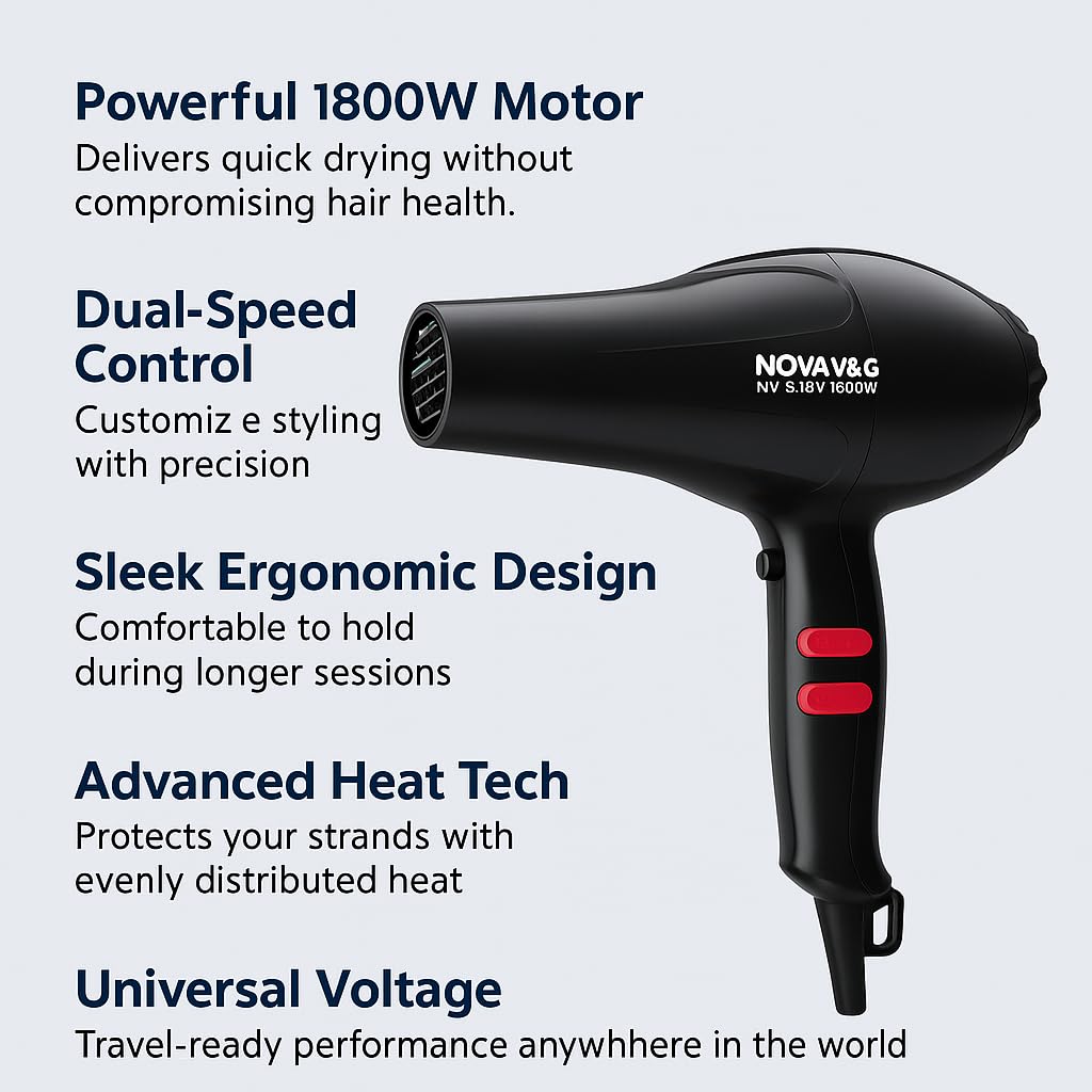 Nova NV 6130 1800 Watts Professional Hair Dryer for Women Black - CARTitCARTitCARTit