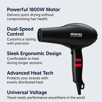 Nova NV 6130 1800 Watts Professional Hair Dryer for Women Black - CARTitCARTitCARTit