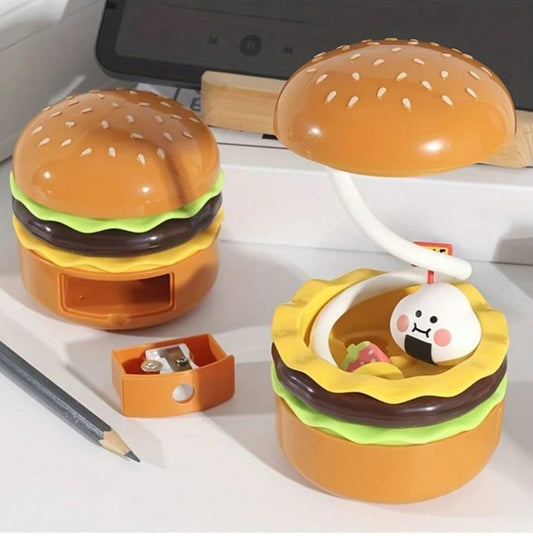 Rechargeable LED Study Desk Lamp for Kids – 360° Flexible Gooseneck, Built - in Pencil Sharpener, Cute Hamburger Design – Table Lamp for Girls & Boys Room – Birthday Return Gift (Multicolor, Plastic) - CARTitCARTitCARTit