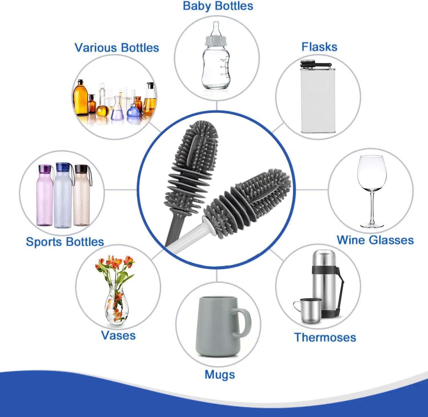 Long Handle Silicone Bottle Cleaning Brush – Flexible Bottle Scrubber for Water Bottles, Mugs, Solution Bottles – Non - Scratch, Durable & Easy to Clean (Grey, Pack of 1) - CARTitCARTitCARTit