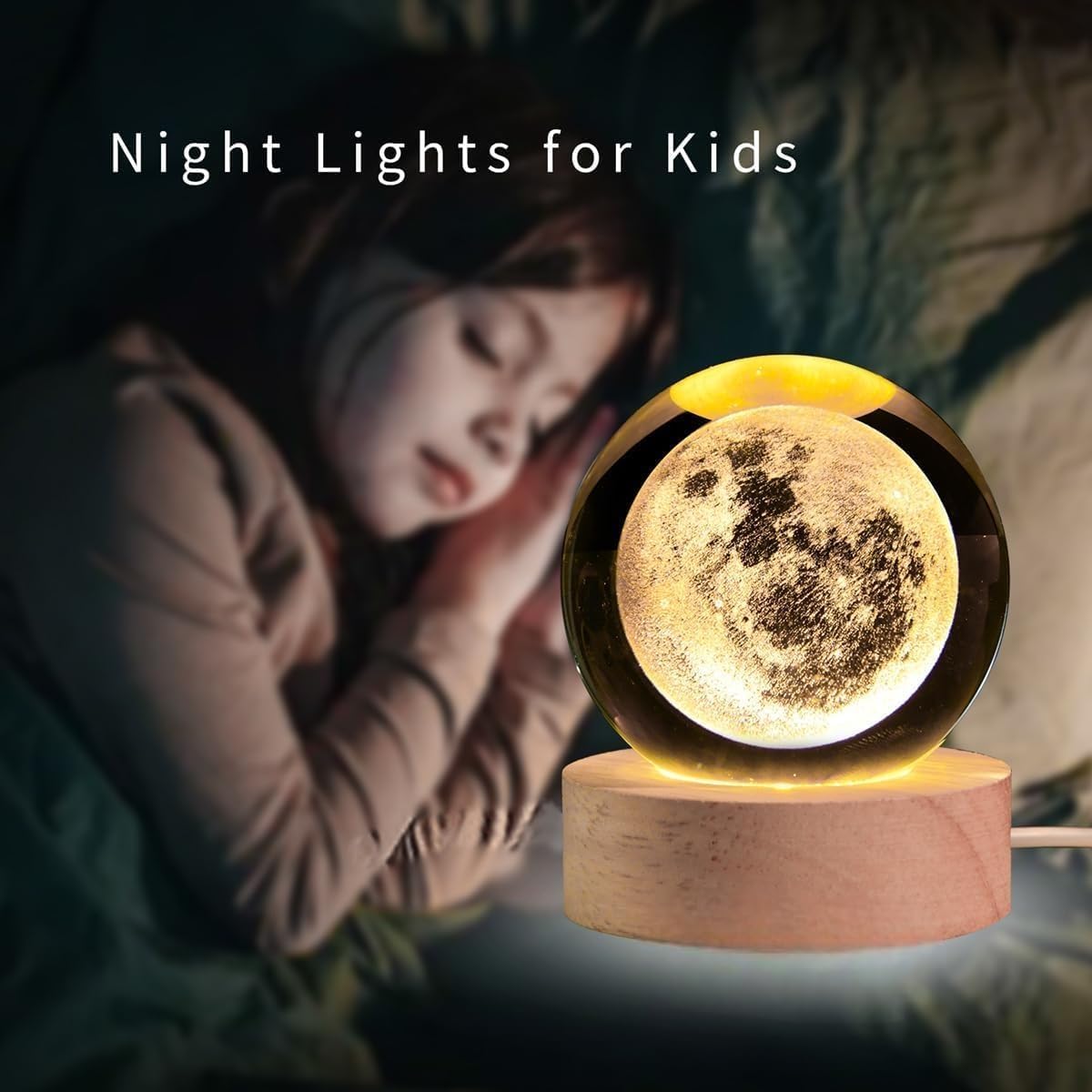 Moon Crystal Ball Night Light,2.4 Inch Glass Ball Night LED Lamp with Woodern Base,Decorations Gifts for Men,Women,Kids,Boys,Girls | Gifts for Woman | Valentine Gifts - CARTitCARTitCARTit