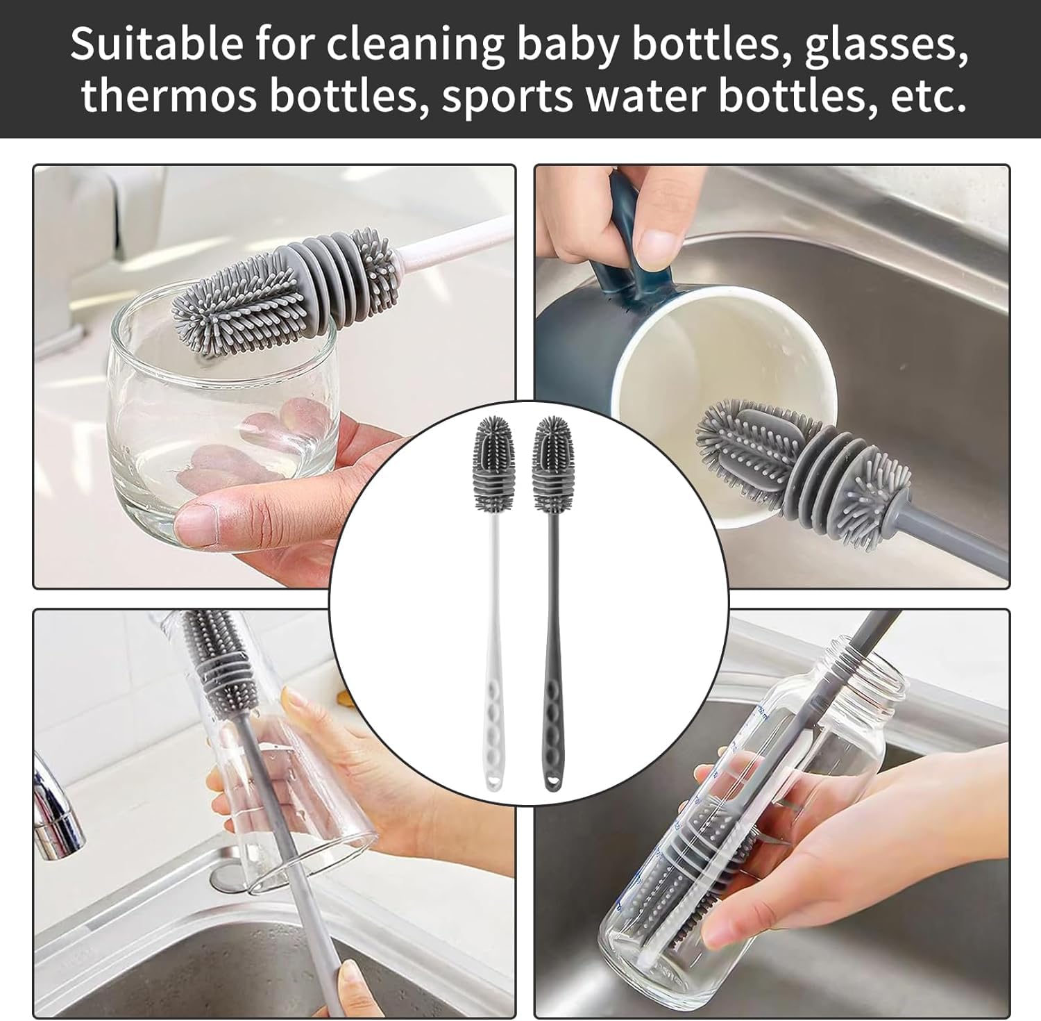 Long Handle Silicone Bottle Cleaning Brush – Flexible Bottle Scrubber for Water Bottles, Mugs, Solution Bottles – Non - Scratch, Durable & Easy to Clean (Grey, Pack of 1) - CARTitCARTitCARTit