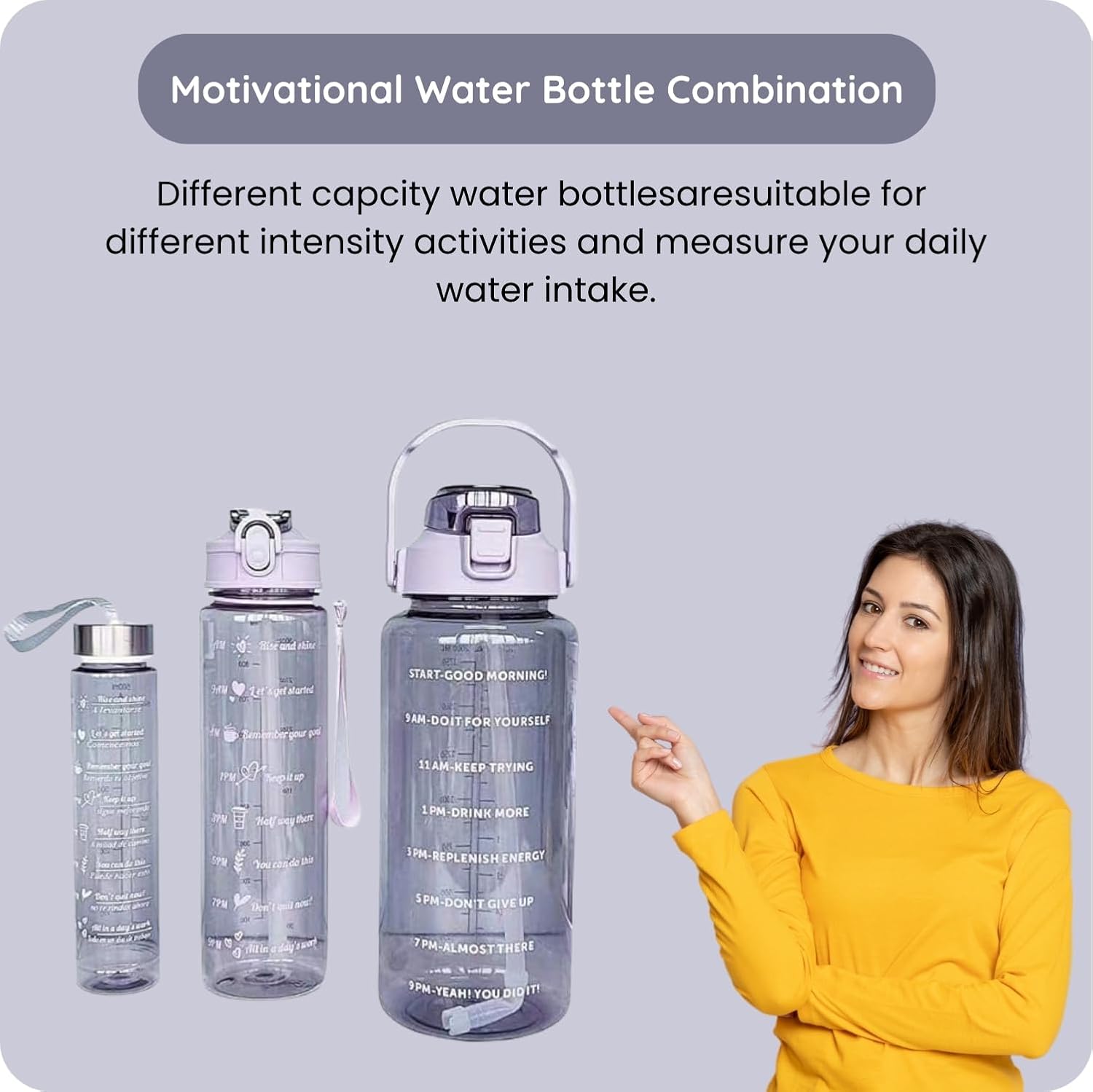 Set of 3 Transparent Water Bottles (2000ml, 900ml, 300ml) – BPA - Free with Motivational Time Marker | Leak - Proof & Break - Proof Sipper Bottles for Gym, Office, School & Travel - CARTitCARTitCARTit