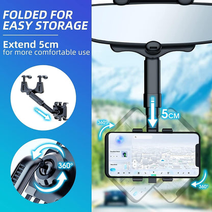 360 Rotatable and Retractable Car Phone Holder Multifunctional Car Rearview Mirror Phone Holder, 360 Degree Rotatable Rear View Mirror Phone Mount, for All Mobile Phones - CARTitCARTitCARTit