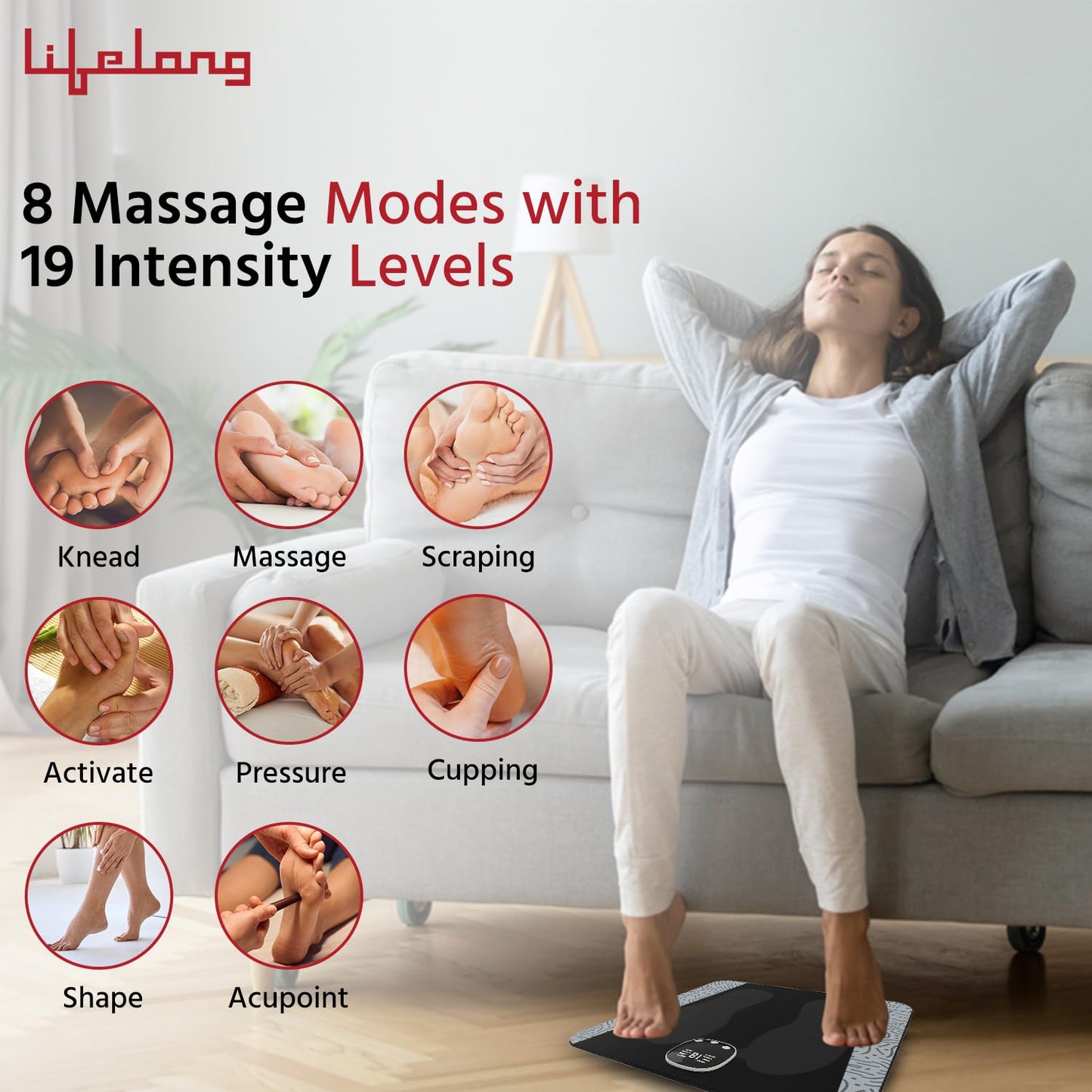 Lifelong EMS Foot Massager - Electric Foot Massager Machine for Pain Relief - 8 Modes, 19 Intensity Levels - Rechargeable, Wireless, Portable - CARTitCARTitCARTit