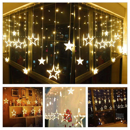 12 Stars 138 Led Curtain String Lights Window Curtain Lights with 8 Flashing Modes Decoration for Christmas, Wedding, Party, Home, Patio Lawn Warm White (138 Led - Star, Copper, Pack of 1) - CARTitCARTitCARTit