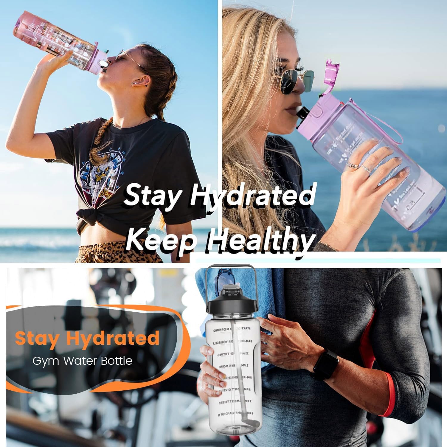 Set of 3 Transparent Water Bottles (2000ml, 900ml, 300ml) – BPA - Free with Motivational Time Marker | Leak - Proof & Break - Proof Sipper Bottles for Gym, Office, School & Travel - CARTitCARTitCARTit