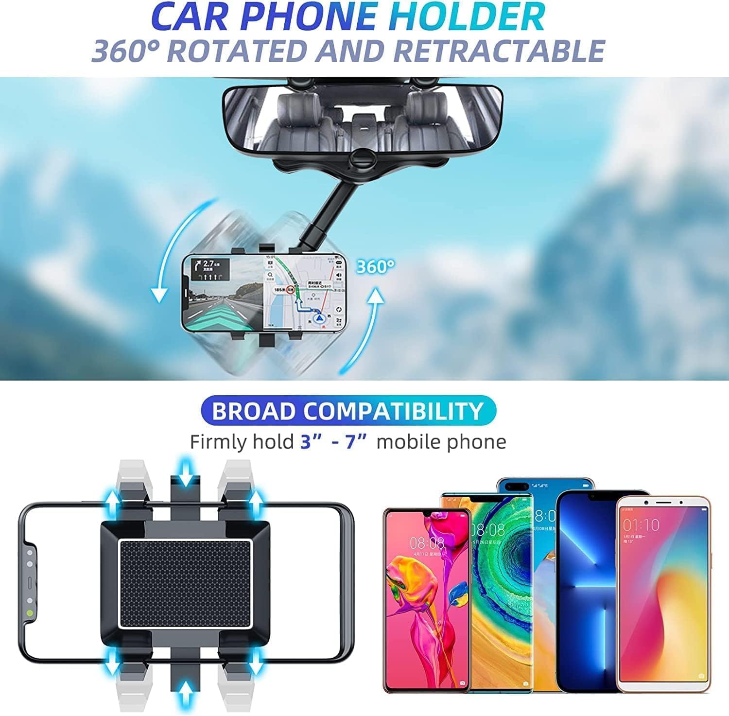 360 Rotatable and Retractable Car Phone Holder Multifunctional Car Rearview Mirror Phone Holder, 360 Degree Rotatable Rear View Mirror Phone Mount, for All Mobile Phones - CARTitCARTitCARTit