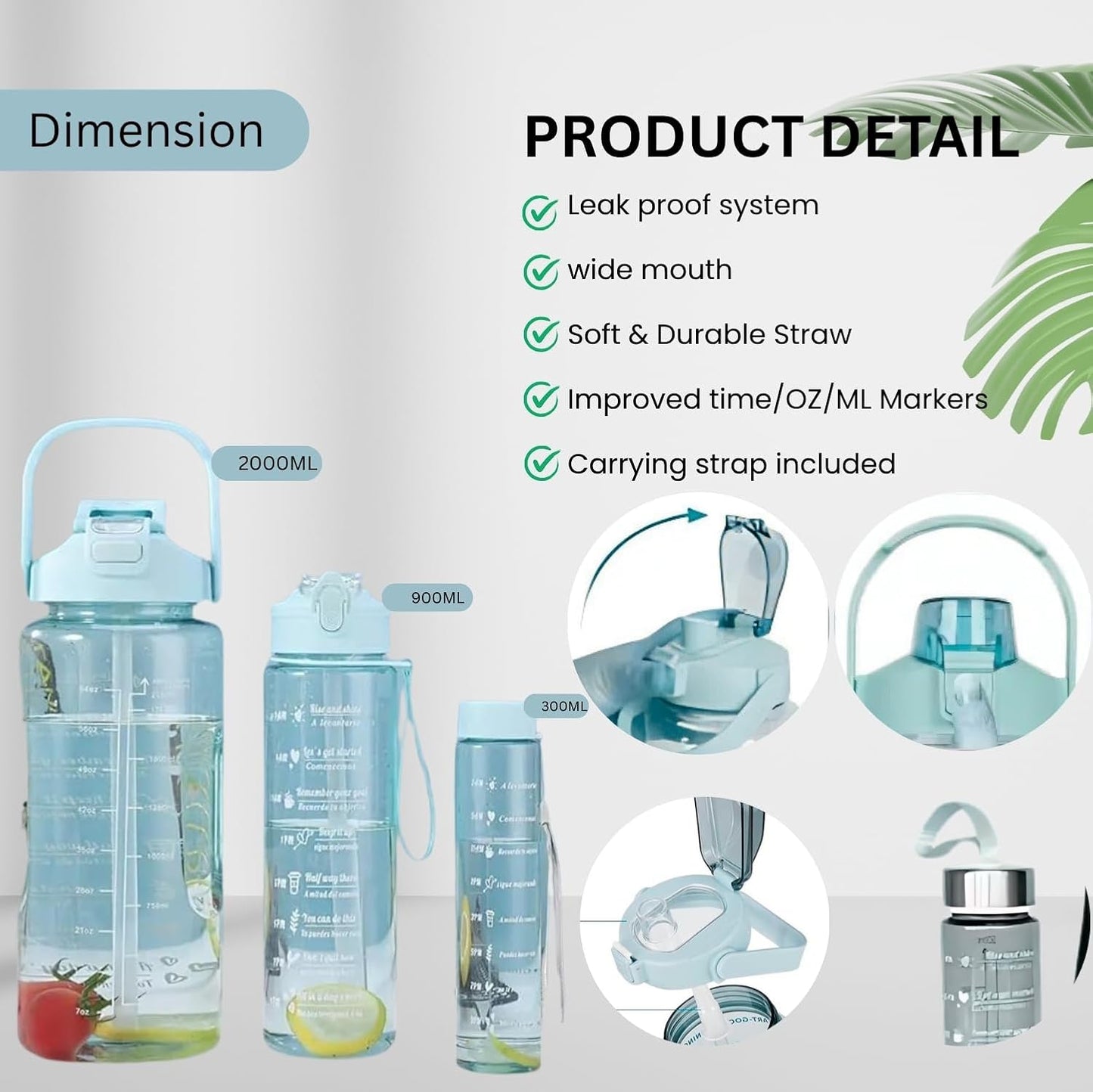 Set of 3 Transparent Water Bottles (2000ml, 900ml, 300ml) – BPA - Free with Motivational Time Marker | Leak - Proof & Break - Proof Sipper Bottles for Gym, Office, School & Travel - CARTitCARTitCARTit