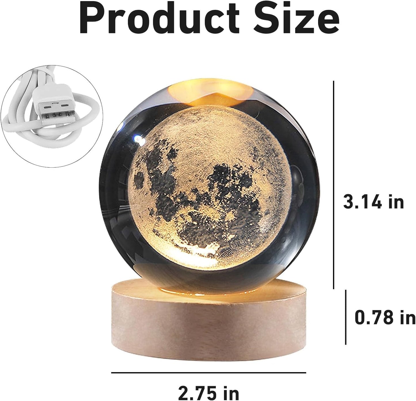 Moon Crystal Ball Night Light,2.4 Inch Glass Ball Night LED Lamp with Woodern Base,Decorations Gifts for Men,Women,Kids,Boys,Girls | Gifts for Woman | Valentine Gifts - CARTitCARTitCARTit