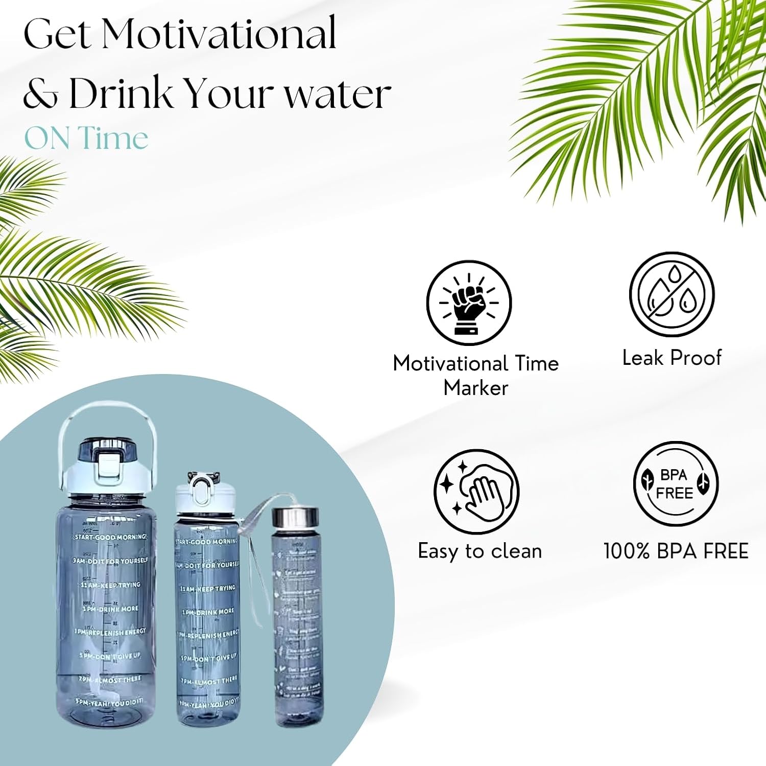 Set of 3 Transparent Water Bottles (2000ml, 900ml, 300ml) – BPA - Free with Motivational Time Marker | Leak - Proof & Break - Proof Sipper Bottles for Gym, Office, School & Travel - CARTitCARTitCARTit
