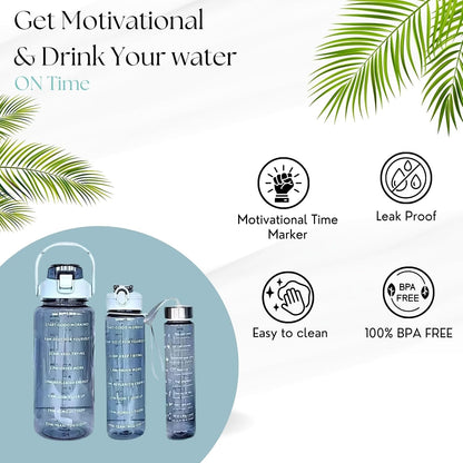 Set of 3 Transparent Water Bottles (2000ml, 900ml, 300ml) – BPA - Free with Motivational Time Marker | Leak - Proof & Break - Proof Sipper Bottles for Gym, Office, School & Travel - CARTitCARTitCARTit