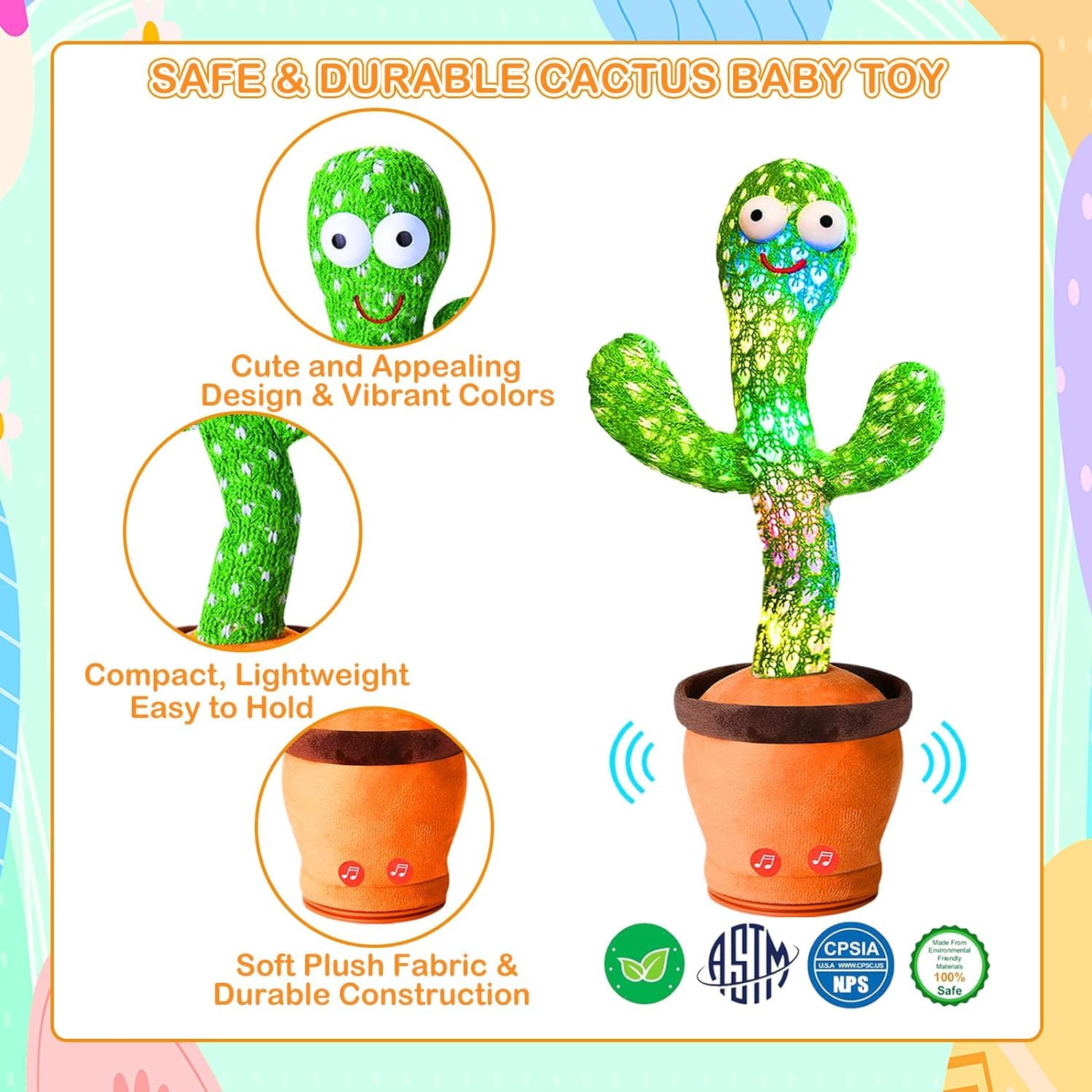 Rechargeable Talking & Dancing Cactus Toy – Musical, Repeating Plush for Babies & Kids (0–3 Years) - CARTitCARTitCARTit