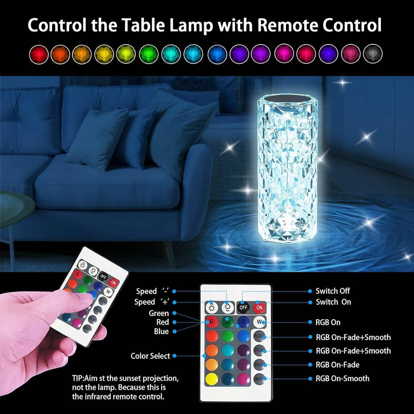 Crystal Diamond LED Table Lamp | 16 Colour Changing Touch Bedside Night Light with Remote | USB Rechargeable Decorative Lamp for Bedroom, Living Room, Party & Dinner - CARTitCARTitCARTit