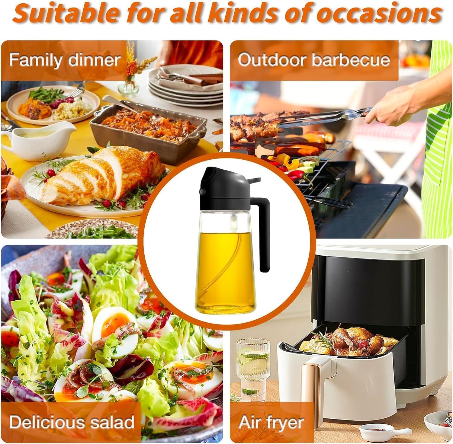 2 in 1 Glass Oil Spray Bottle – 450ml Oil & Vinegar Dispenser Sprayer for Kitchen, Air Fryer, Salad, Baking, BBQ & Cooking Preparation - CARTitCARTitCARTit