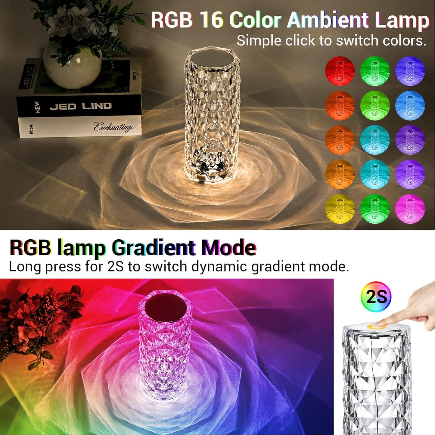 Crystal Diamond LED Table Lamp | 16 Colour Changing Touch Bedside Night Light with Remote | USB Rechargeable Decorative Lamp for Bedroom, Living Room, Party & Dinner - CARTitCARTitCARTit