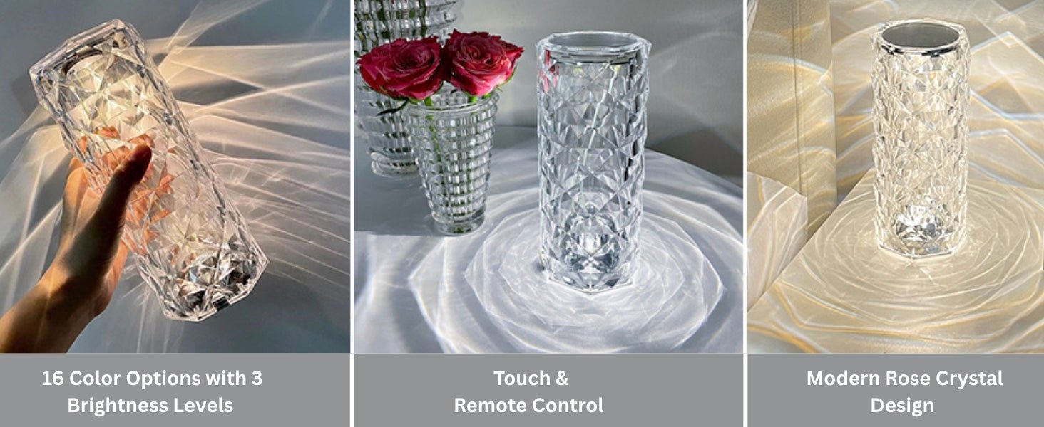 Crystal Diamond LED Table Lamp | 16 Colour Changing Touch Bedside Night Light with Remote | USB Rechargeable Decorative Lamp for Bedroom, Living Room, Party & Dinner - CARTitCARTitCARTit
